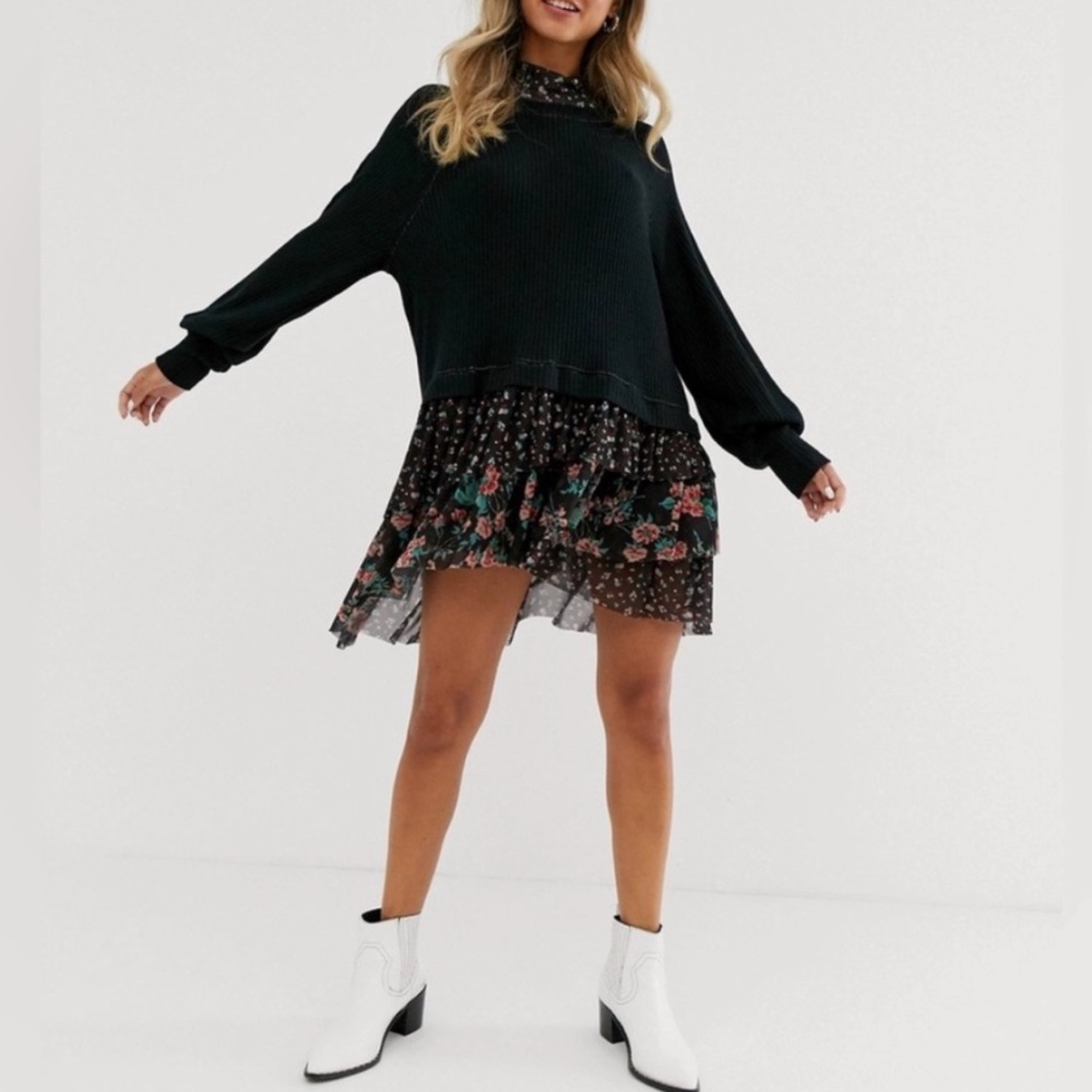 FREE PEOPLE DRESS OPPOSITES ATTRACT TUNIC BOHEMIAN THERMAL FLORAL MOCK NECK XS